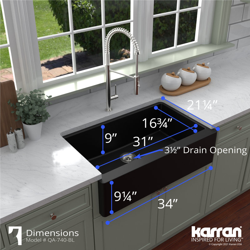 Karran Quartz 34'' X 21-1/4'' Single Bowl Farmhouse/Apron Front Kitchen Sink Kit, Black