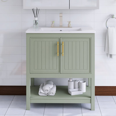 Meuble-lavabo simple autoportant de 30 po avec plateau intégré en céramique blanche