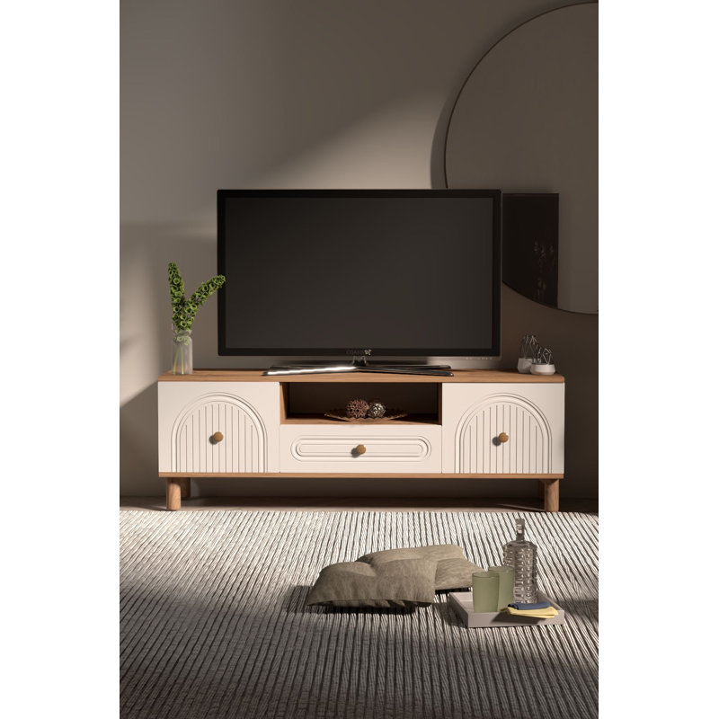 Meuble télé scandinave avec option de fixation murale, pin atlantique et blanc, 59,1 po x 20,9 po x 16,1 po | Panneau de particules 100% mélaminé, 0,7 po d'épaisseur | Design moderne avec plusieurs tablettes, élégant et fonctionnel