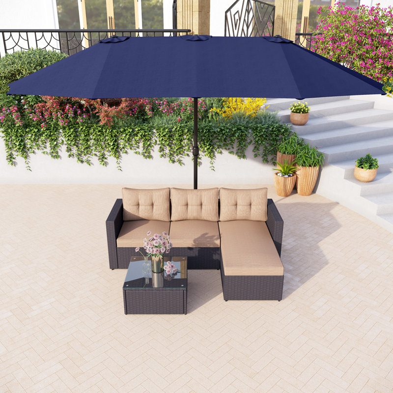 Ensemble de conversation modulaire 4 pièces avec coussins, Bleu marine, Beige