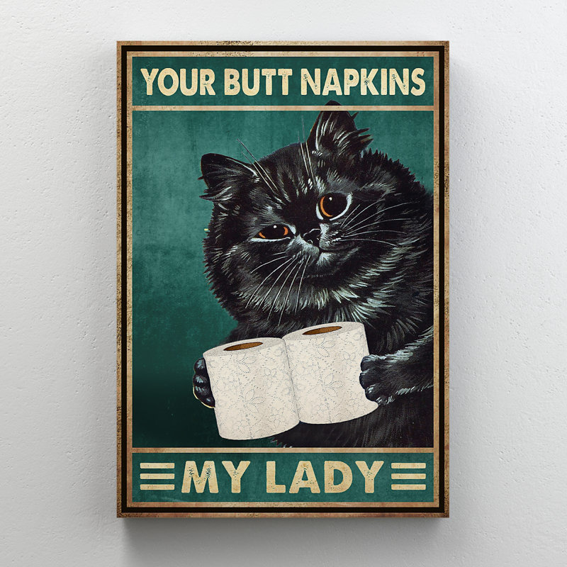 Mignon chat noir avec deux serviettes de table - Toile tendue avec châssis My Lady, H 36 po x l 24 po x P 2 po