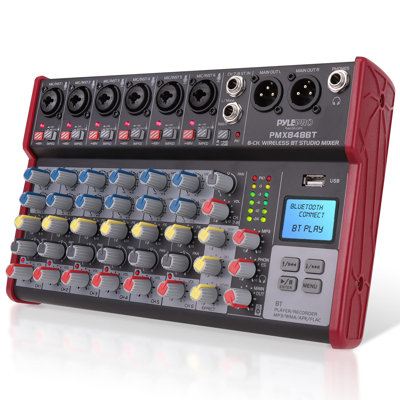 Console de mixage audio sans fil Pyle Professional - Contrôleur de mixage sonore 8 canaux compatible Bluetooth avec port USB, 6 entrées micro / ligne, entrée mono / stéréo ¼ po, prise casque, alimentation fantôme + 48 V - PMX848BT