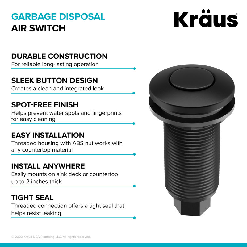 KRAUS Garbage Disposal Air Switch Kit with Push Button, AC Adapter, Power Cord, and Air Tube Included, Matte Black