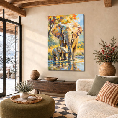 Boho Elephant Mother Baby River Canvas Art