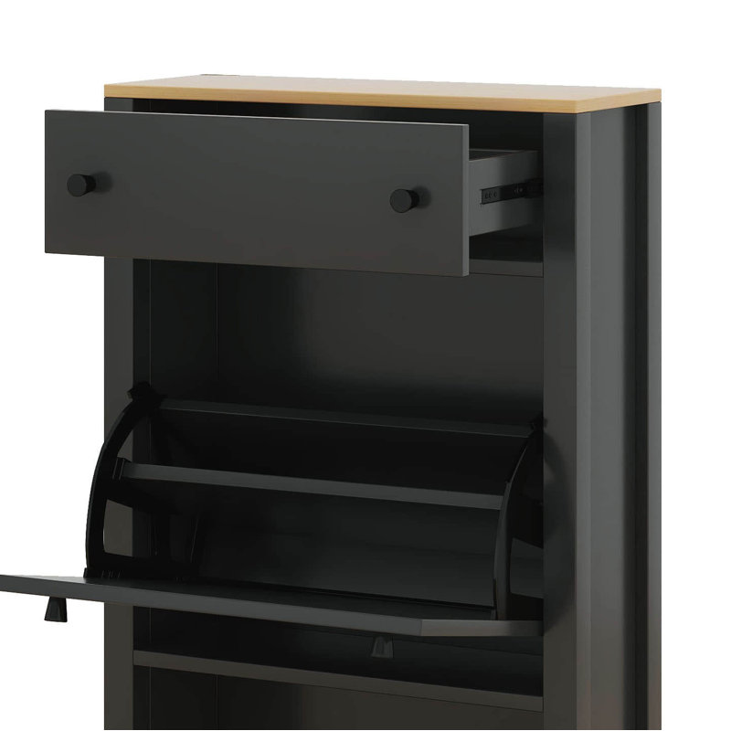 Free Standing Shoe Rack With 2 Flip Drawers And Adjustable Panel, Wood Grain Pattern Top Cabinet, Functional Entryway Organizer