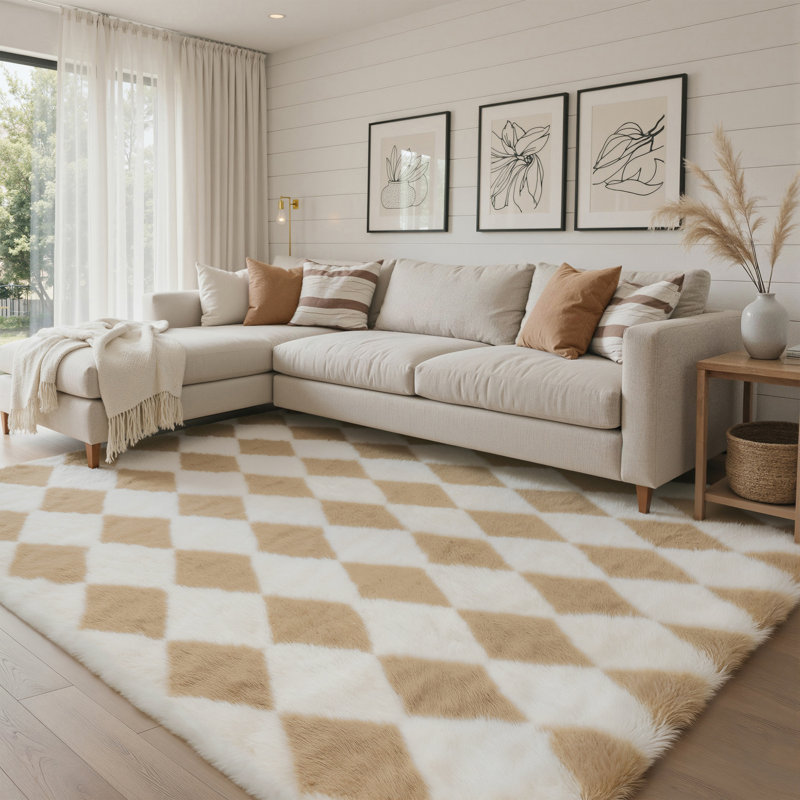 Tapis à poils longs lavable à la machine Modern, Rectangulaire 8 pi x 10 pi, Beige/brun