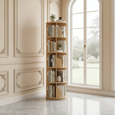 Bibliothèque rotative à 5 niveaux, grande bibliothèque ronde sur pied avec une rotation à 360 °, étagère de rangement en bois pour la chambre à coucher, le salon et le bureau personnel
