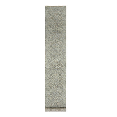 2'6"x18'1" Fossil Gray, Antique Finish, Erased and Broken Garden Design, Hand Knotted, Natural Wool, Zero Pile, Cropped Thin, XL, Runner, Oriental Rug