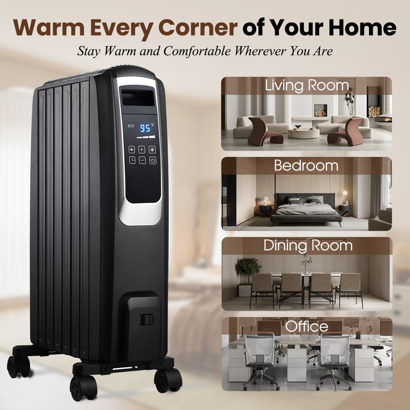 1500W  Electric Oil Filled Radiator, Durable Steel Electric Radiator Heater,26"Oil Filled Heater with Remote Control, ECO & Silent Mode, 24H Timer, Overheat & Tip-Over Protection