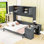 Grand lit escamotable mural avec bureau, armoires de rangement et tablettes