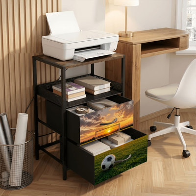 2 Drawers Nightstand with Charging Station, Bedroom Nightstand with USB Ports &amp; Outlets Open Shelf Black, night stand with Soccer Ball Green Field Goalpost Sunset Print