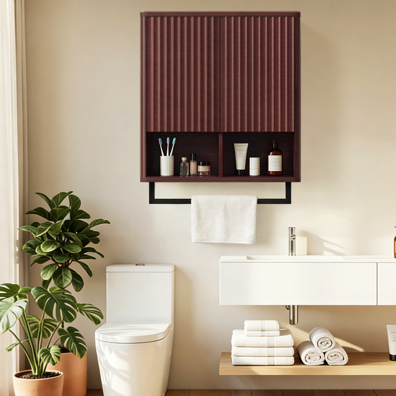 Bathroom Wall Storage Cabinet, Over The Toilet Medicine Cabinet, Hidden Storage & Open Shelves, Small 2-Door Multi-Functional Bathroom Organizer with Towel Bar for Bathroom & Kitchen