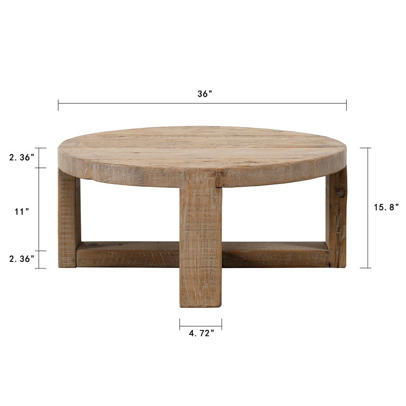 Round Weathered Wood Coffee Table with Cross Legs