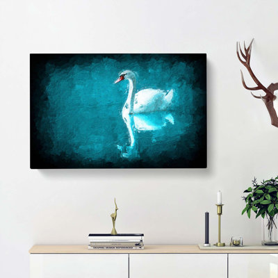 White Swan On A Blue Lake In Abstract - Wrapped Canvas Painting
