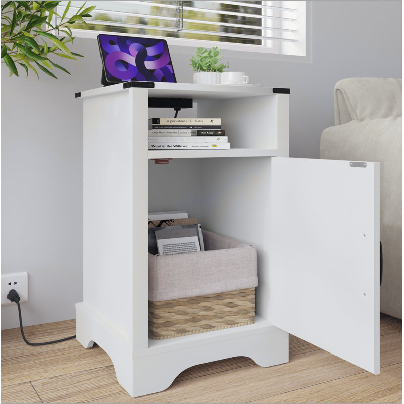 Table de chevet Farmhouse, table de bout rustique en bois, table de chevet haute avec prises de courant, Blanc