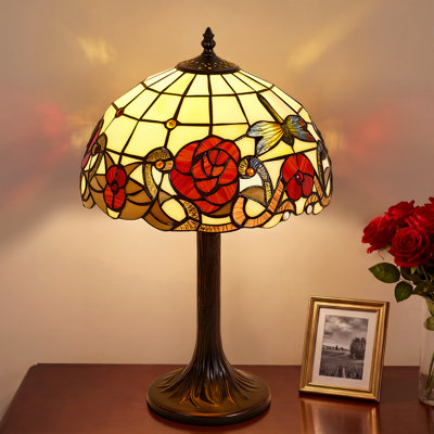 Grande lampe de table de 19 po de style vitrail de style Tiffany avec base en fer, E26 (ampoule DEL incluse), interrupteur marche / arrêt en ligne