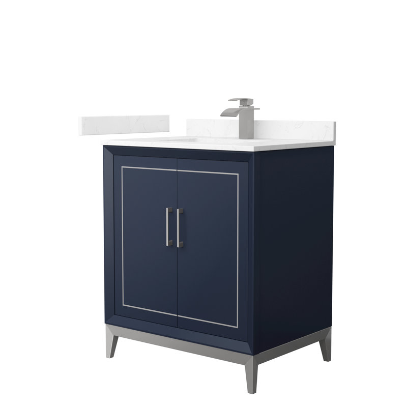 30'' Single Bathroom Vanity with Cultured Marble Top, Brushed Nickel, Dark Blue, White Cultured Marble