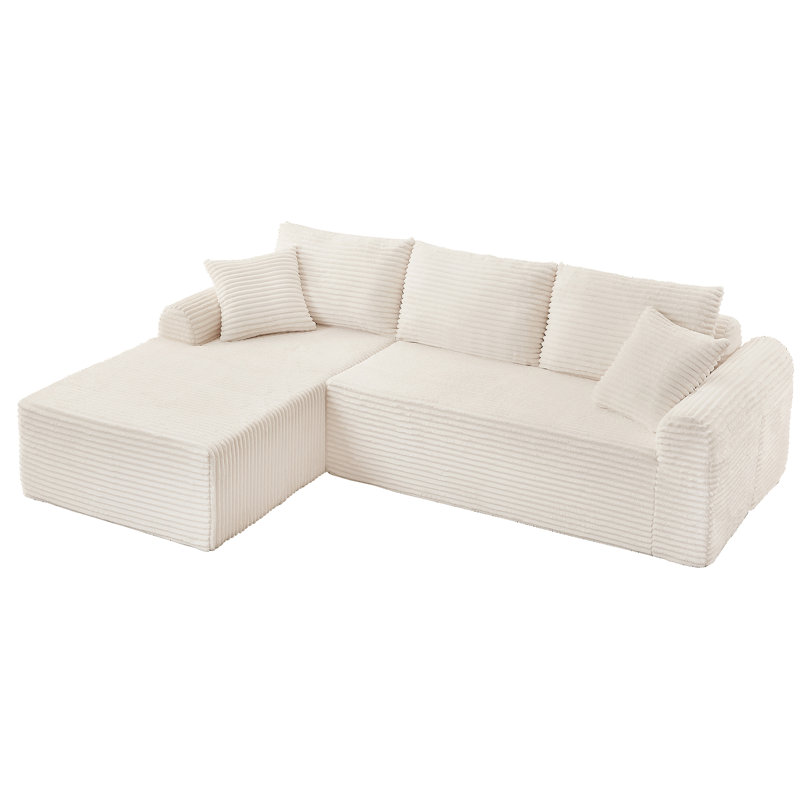 Chaise longue à compression complète en velours côtelé blanc, 3 sièges avec base arquée et antidérapante, coussins de dossier et 2 coussins décoratifs pour un confort modulaire
