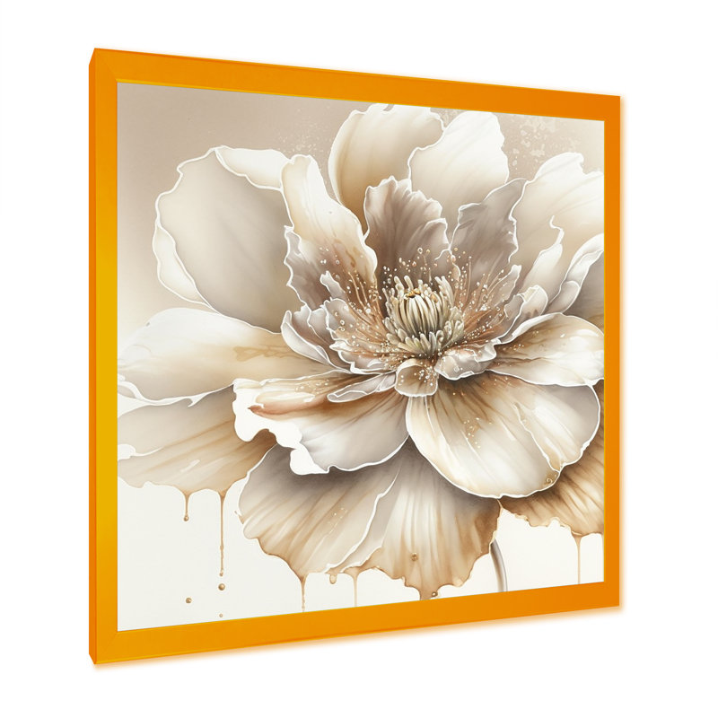 Blooming Beige Floral Design II - Art mural sur toile floral et botanique, H 16 po x l 16 po x P 1 po, Encadrement doré