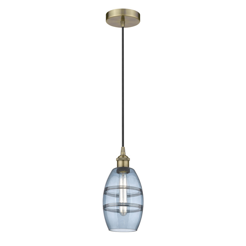 Mini-luminaire suspendu 1 lumière Edison Bettylou-616-G557, H 8,13 po x l 5,88 po x P 5,88 po, Bleu princesse, Laiton antique