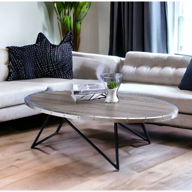 Table basse ovale noire et chêne, base en métal, limite de poids de 70 lb sur plateau en bois en chêne, plateau, profondeur 23 po