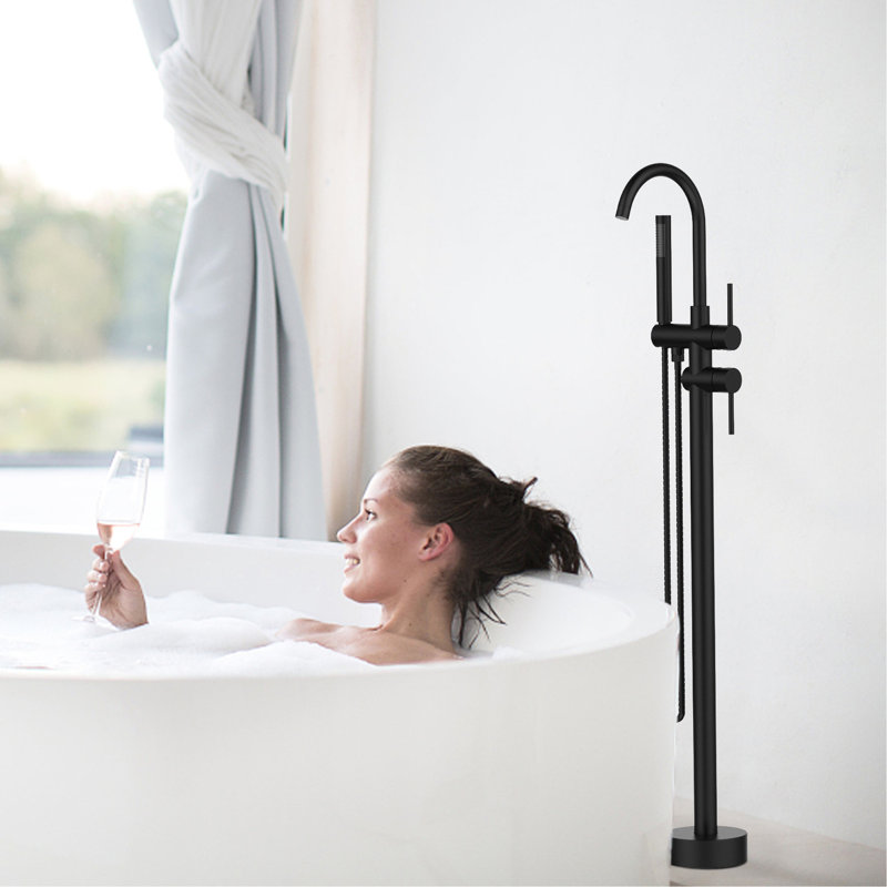 Robinet de baignoire à fixation au sol - Noir mat avec douche à main et robinet à fixation au boyau, Noir