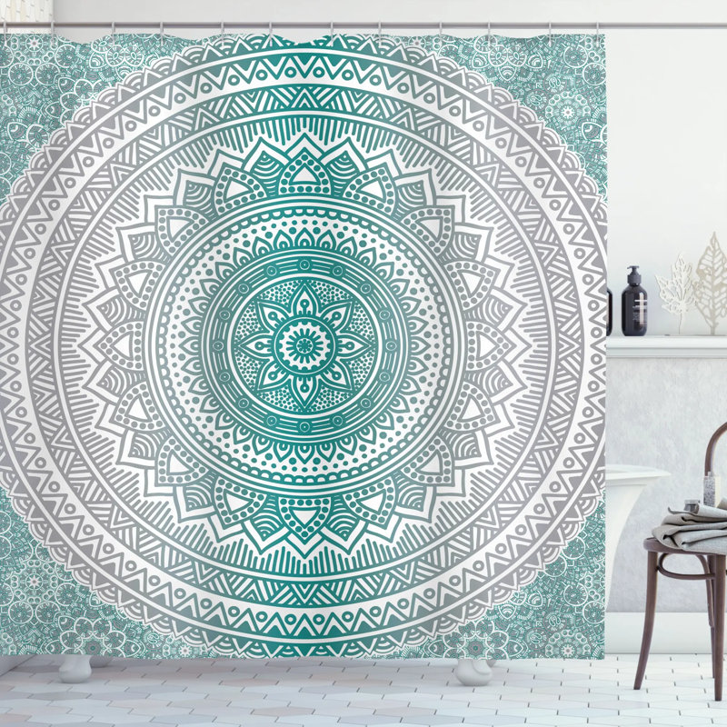Rideau de douche simple méditation tapis theme Cormac, H 69 po x l 105 po, Bleu sarcelle/Gris