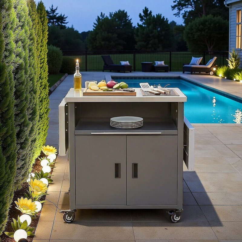 Chariot de cuisine pliable pour l'extérieur avec deux plateaux de table et rangement pour barbecue et patio, Gris