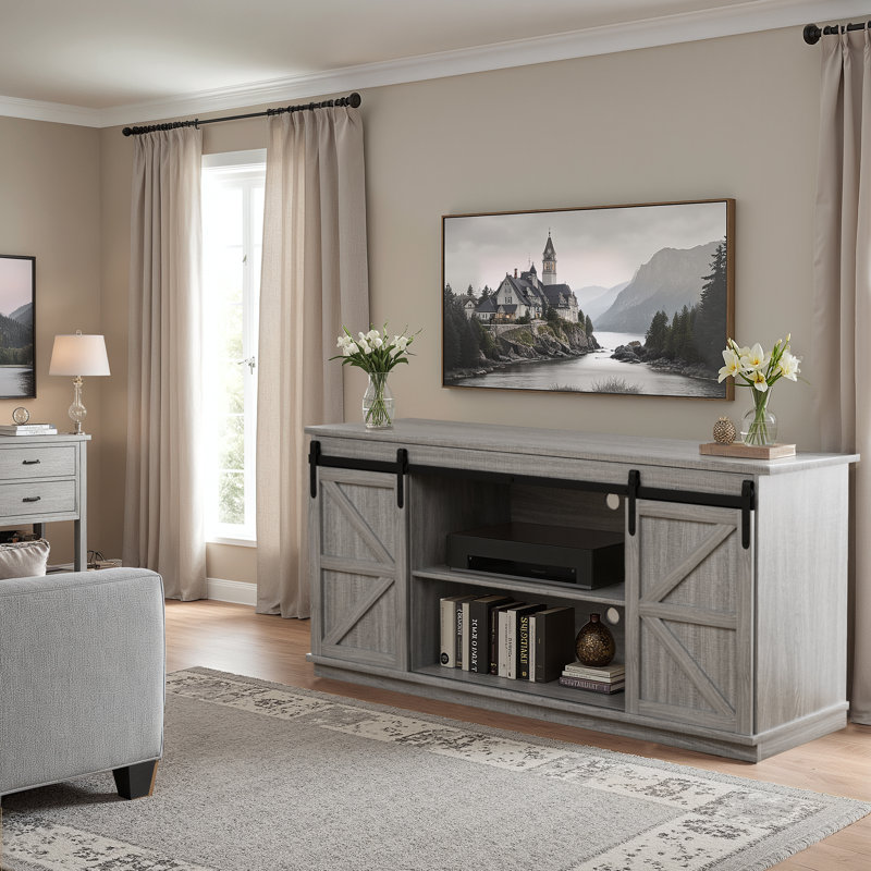 Ben Tv Stand For Tvs Up To 65" With Double Sliding Barn Doors And Storage Cabinets, Gray Wood