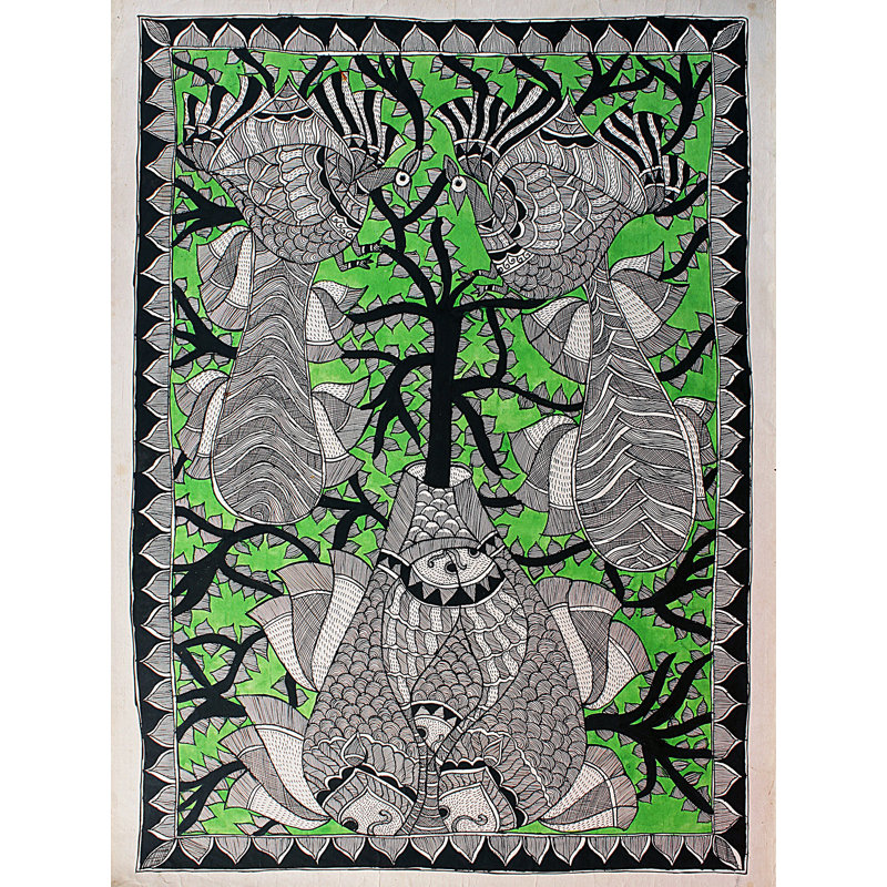 Paon sur un arbre à l'intérieur d'un pot à motifs | Madhubani Peinture