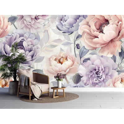 Purple Pink Peony Floral Wall Mural – Soft Watercolor Oversized Botanical Flower Panoramic Accent Wall Decor