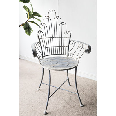 23x22x38 Inches Iron Accent Chair, Ideal For Garden And Living Room Use, Fan - Shaped , Comfortable Scrolled Arms, Round Seat, 100% Iron, 11 Lbs French Country Style Armchair, Inches, Distressed