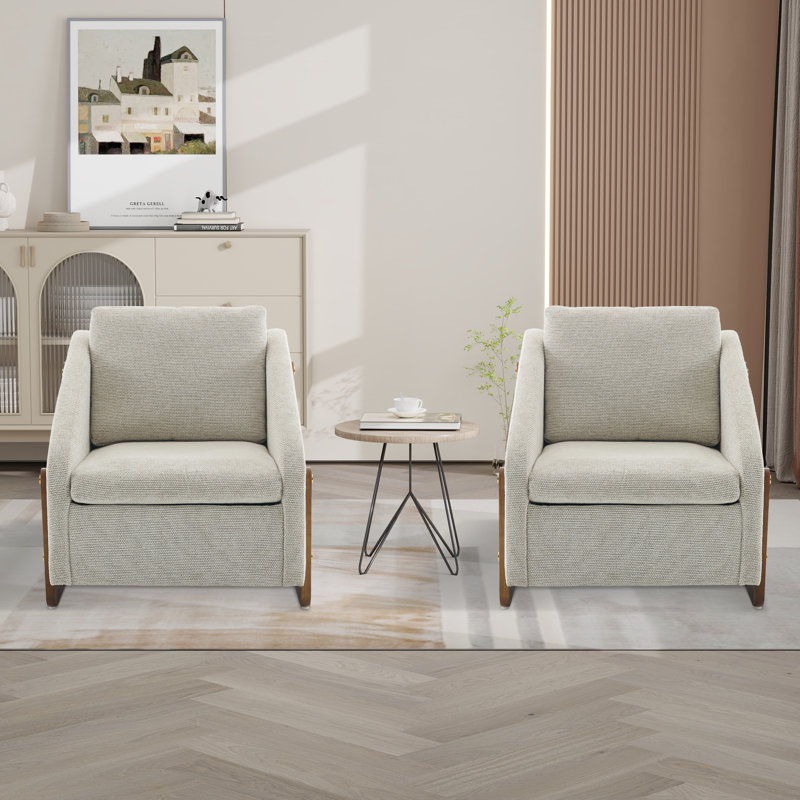 Fauteuil d'appoint rembourré avec base en bois (ensemble de 2), Chenille beige