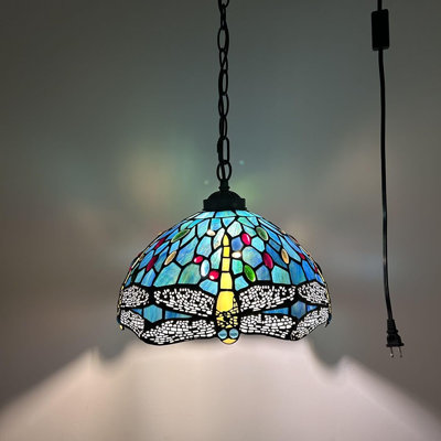 Tiffany Pendant Lighting Plug in Stained Glass Dragonfly LED Bulb Included 12"W*12"D*60"H