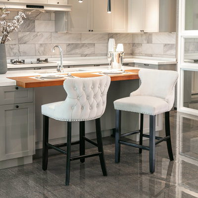 A&A Furniture,Contemporary Velvet Upholstered Wing-Back Barstools With Button Tufted Decoration And Wooden Legs, And Chrome Nailhead Trim, Leisure Style Bar Chairs,Bar Stools, Set Of 2,SW1824B