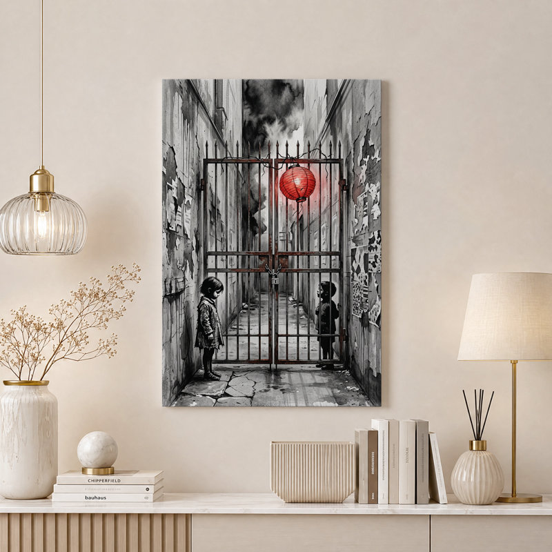 Tableau sur toile représentant deux enfants debout près d'une porte rouillée avec une lanterne rouge, 40"H x 28"W