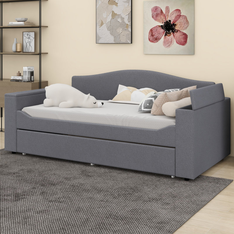 Upholstered Daybed With Storage Armrests, Trundle And Latest Integrated Bluetooth Audio System, Teddy Fleece,, Gray