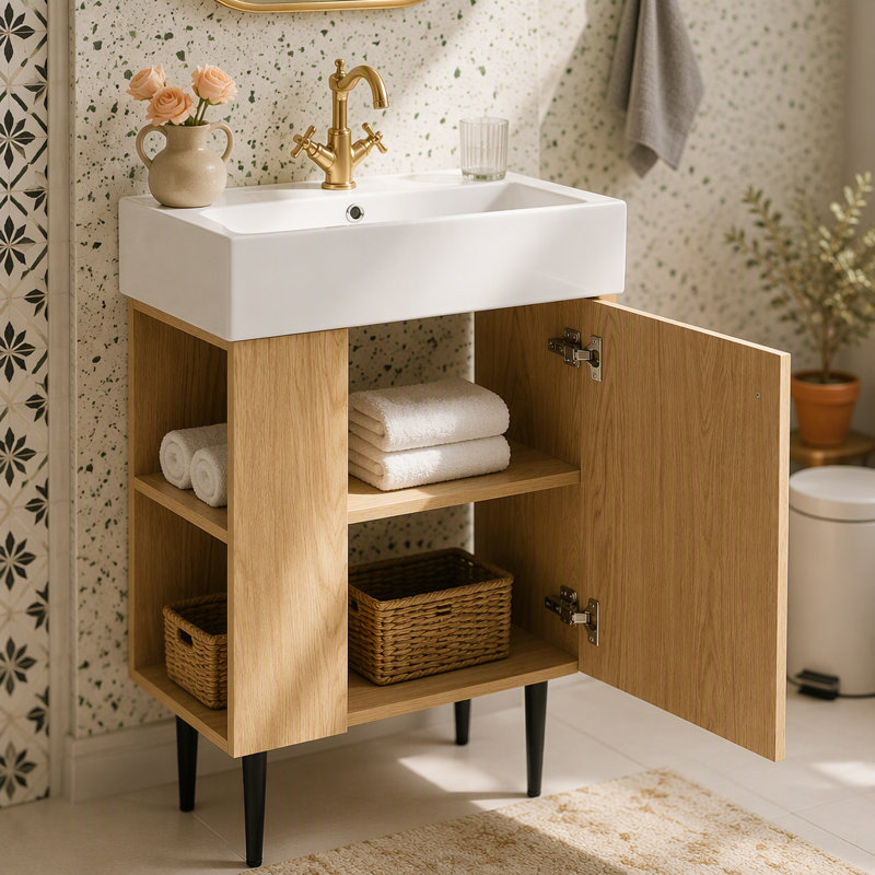 Meuble-lavabo en bois 21,6 po, armoire combinée, meuble de rangement pour salle de bain, lavabo simple en céramique, rangement à gauche