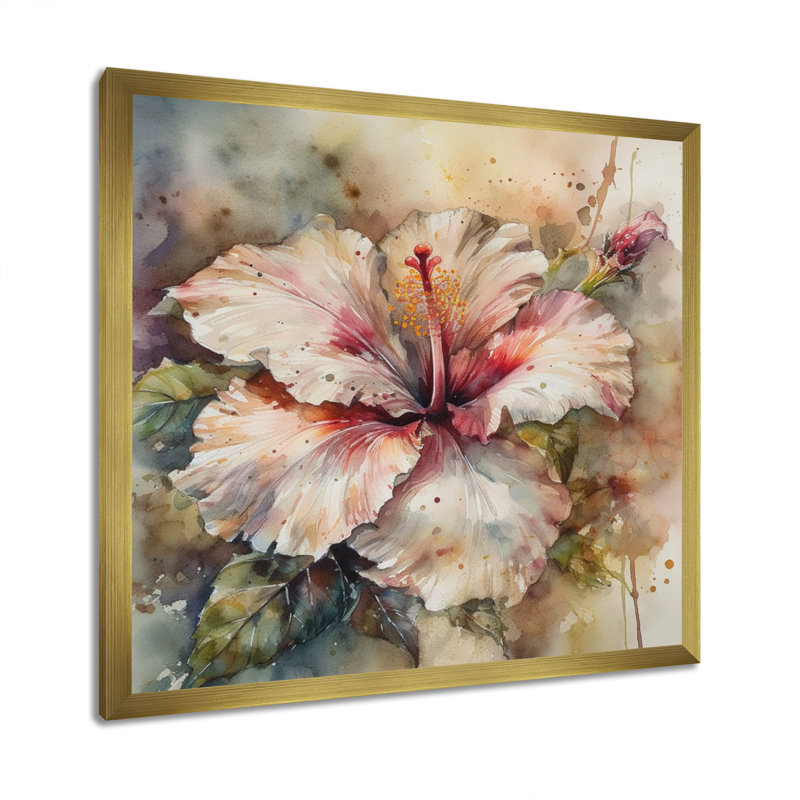 Romay, rose, beige, hibiscus euphorie sur toile, Encadrement doré, H 16 po x l 16 po x P 1 po