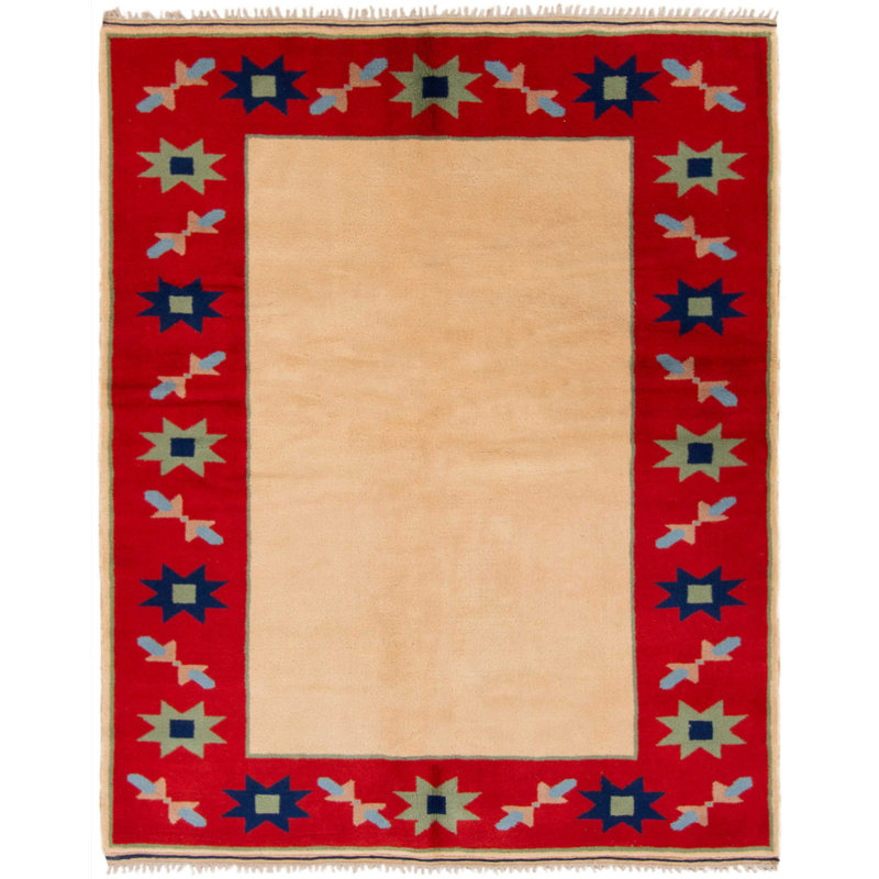 Tapis de zone en laine ivoire/rouge 5 pi 9 po x 7 pi 3 po à la main one-of-kind-noué la 1980 anatolian Danuel