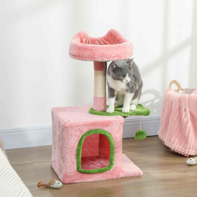 28" Cat Tree Tower with Plush Top Bed, Pink & Green