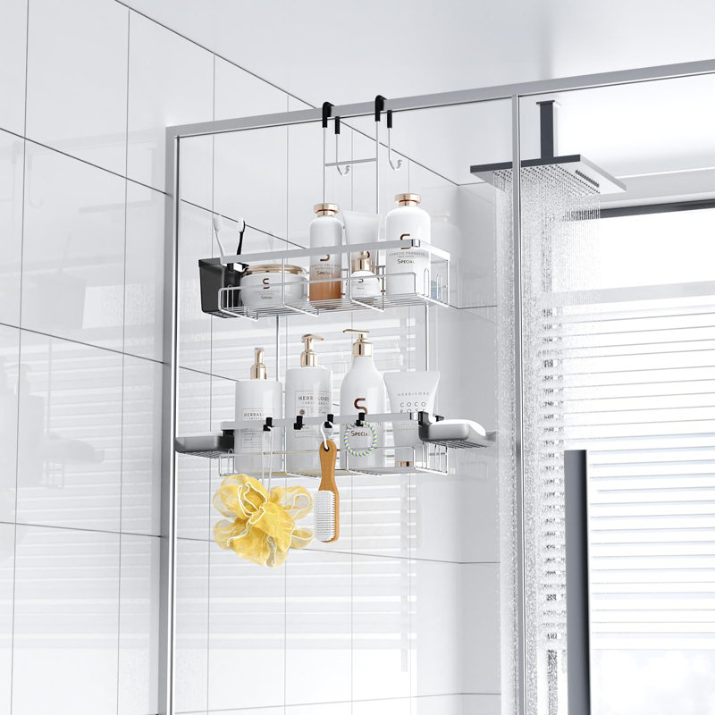 Over The Door Shower Caddy Organizer - Rustproof Hanging Bathroom Storage With No Drilling Installation, Large Capacity 2-Tier Design, Strong Suction Cups & Anti-Slip Silicone