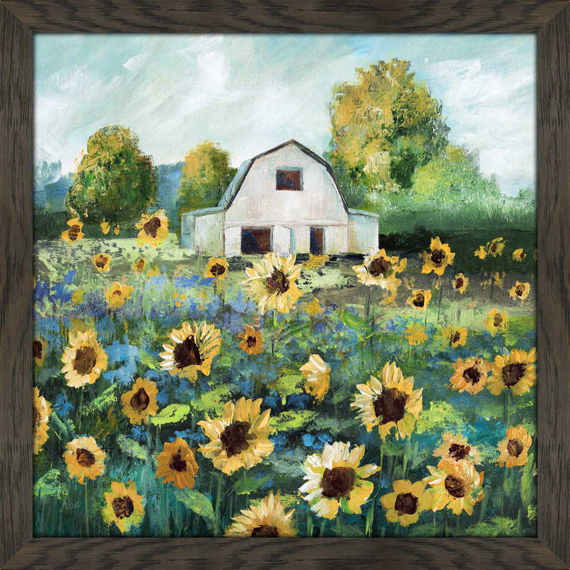 Tournesol grange par Nan - peinture, Cadre chocolat patiné, H 37,5 po x l 37,5 po x P 1 po