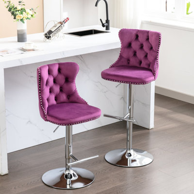 Base en velours, siège réglable de 25 à 33 pouces de hauteur, mauve, à dossier, de 2 pour îlot de cuisine, salle à manger, en pouces