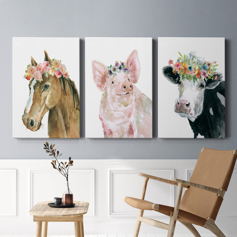 Flower Crown Cow - ensemble de 3 impressions sur toile tendue, H 12 po x l 24 po x P 1 po