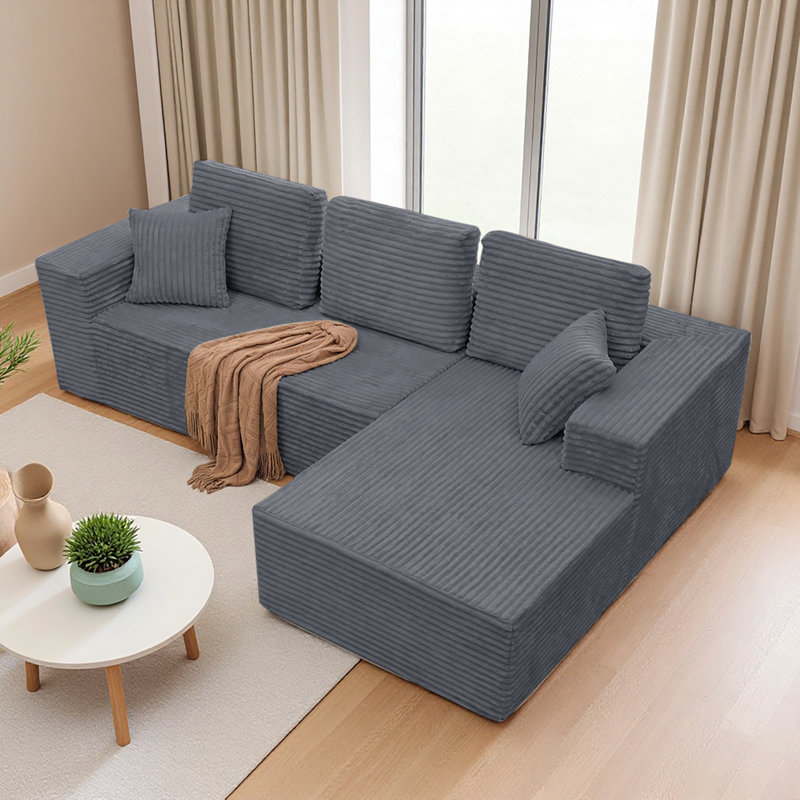 Boneless 108” Corduroy Cloud Sectional Couch, Compressed Modular Sectional Sofa With Deep Seat, Corduroy Boneless Couches, L-Shaped Sofa For Living Room