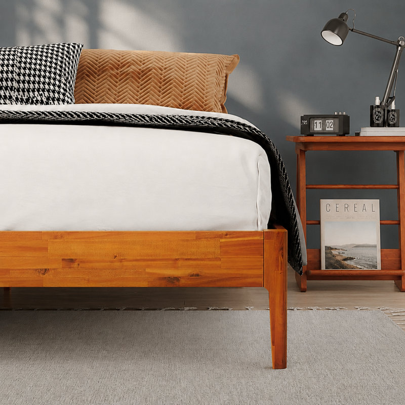 Jaxson Modern Acacia Solid Wood Platform Bed Frame, Exclusive Curved Bed Legs, No Headboard, 800lbs Heavy Duty Capacity, No Box Spring Needed