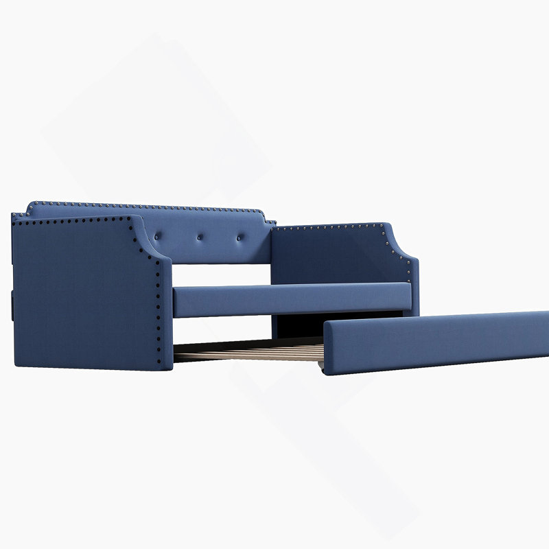 Upholstered Daybed With Trundle, Wood Slat Support,Upholstered Frame Sofa Bed, Blue
