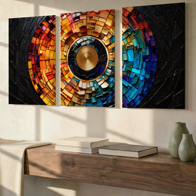 3 Pieces Exculisive Colorful Mosaic Concentric Circle Large Wall Art Modern Geometric Canvas Art, Canvas Decor for Living Room, Bedroom and Office
