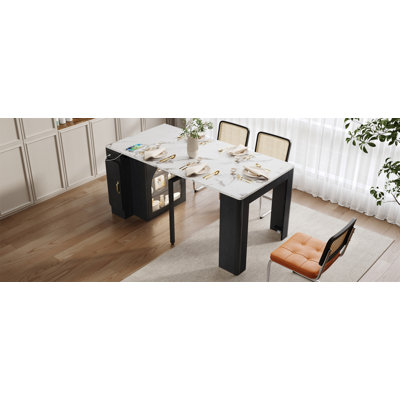 Table de salle à manger extensible avec 3 rallonges amovibles, table mobile pour îlot roulant avec prise de courant, armoire avec rangement pour la salle à manger et le salon